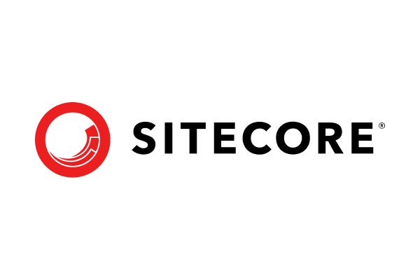 Red circle with an arrow design and the text "Sitecore" in black font.