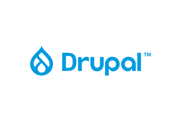 Blue Drupal logo featuring a stylized water droplet design next to the word "Drupal" with a trademark symbol.