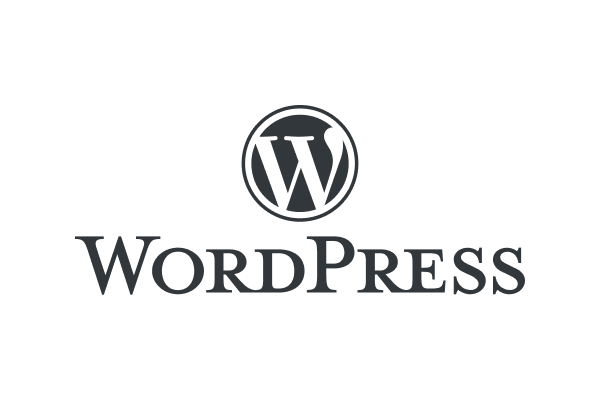WordPress logo featuring a circular emblem with a stylized "W" above the text "WordPress" in black font.
