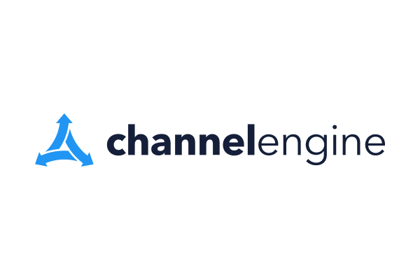 Logo of ChannelEngine featuring a blue triangular arrow symbol and the text "channel engine" in blue.