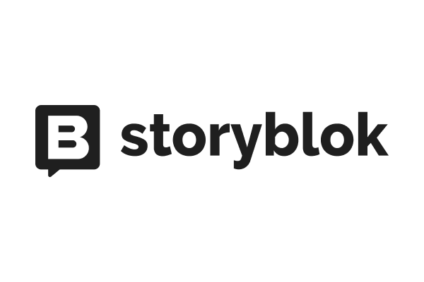 Black and white logo of Storyblok with a speech bubble containing the letter "B" and the word "storyblok" next to it.