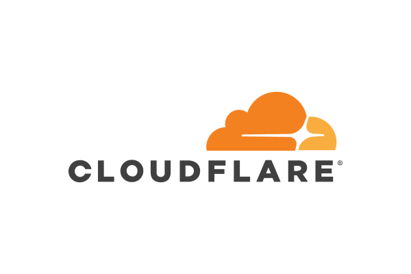 Cloudflare logo featuring an orange cloud with a white flash, above the word "CLOUDFLARE" in bold black letters.