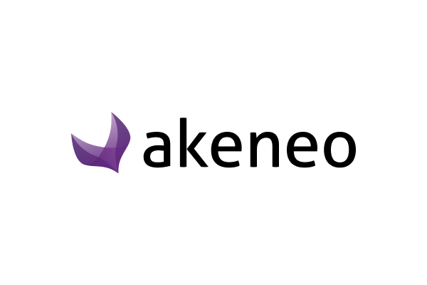 Purple geometric logo beside the text "Akeneo," on a transparent background.