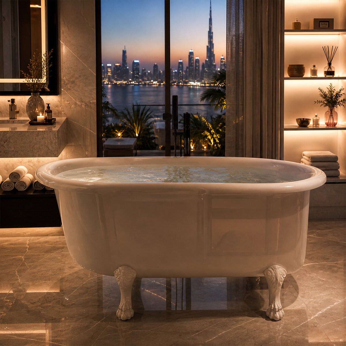 Heritage freestanding bathtub with Dubai skyline view