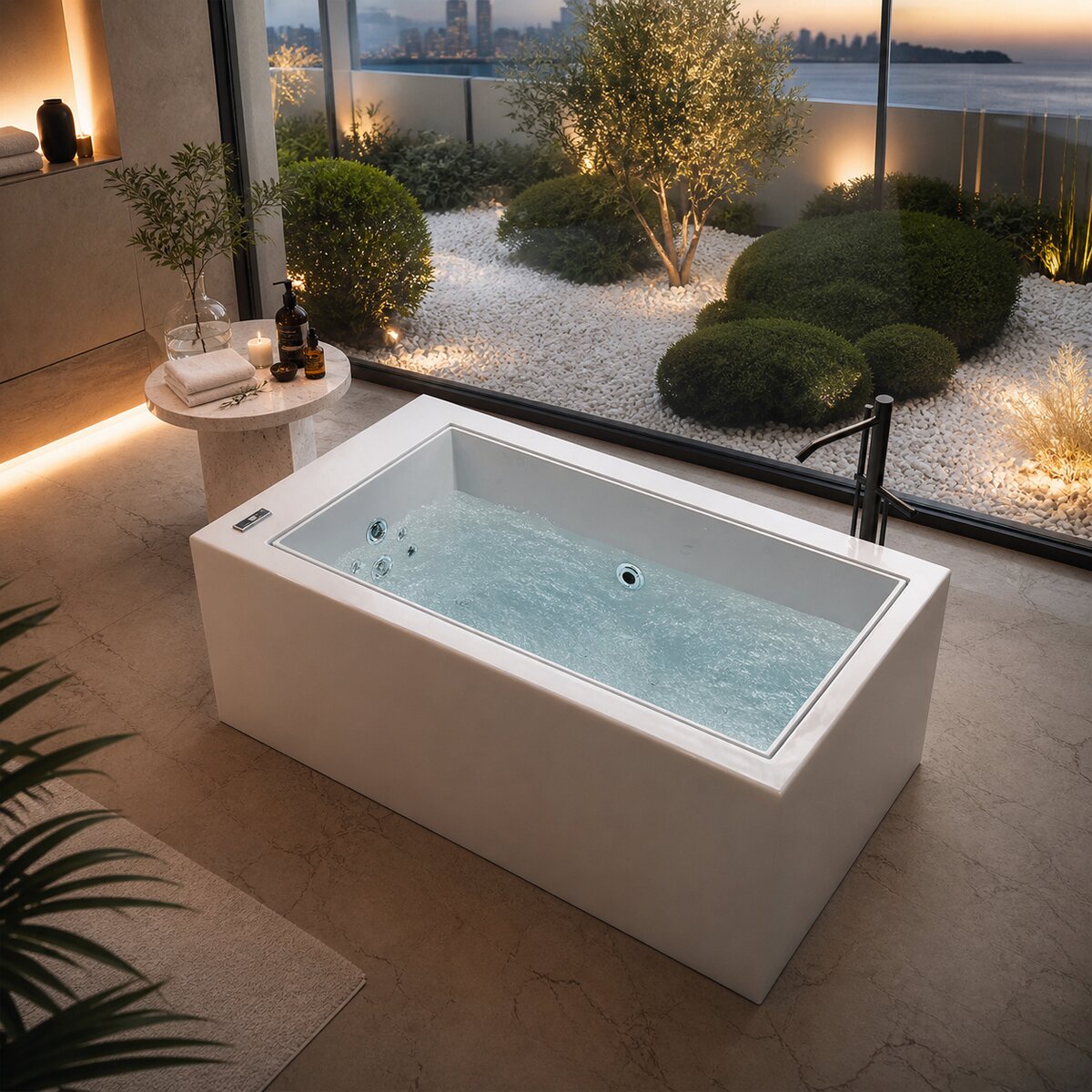 Indoor wellness sanctuary with zen garden composition