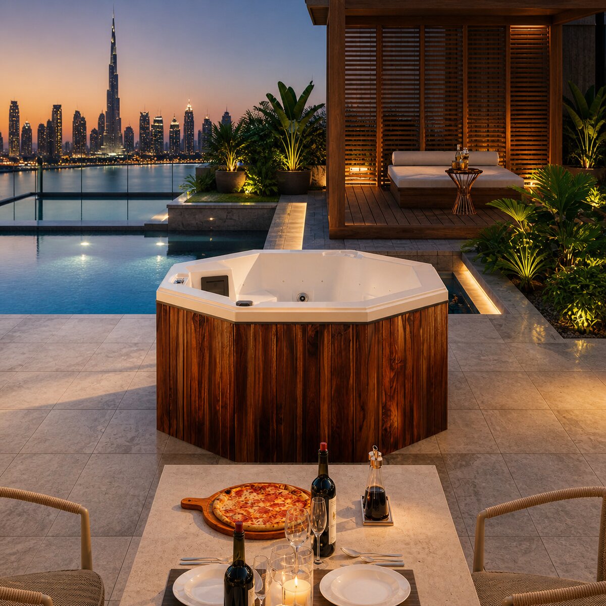 Octagonal spa with Burj Khalifa skyline view, Downtown Dubai