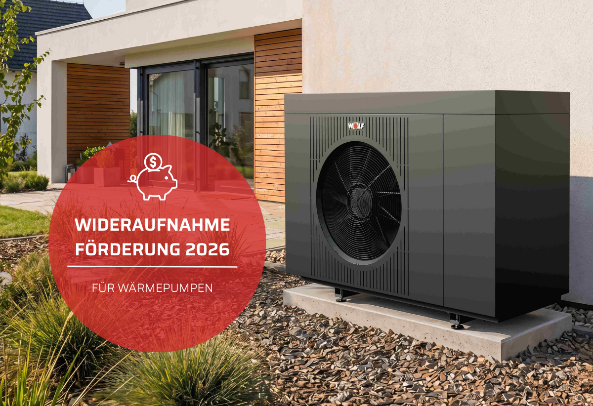 wärmepumpe vor Haus mit Hinweis zur Förderung 2027