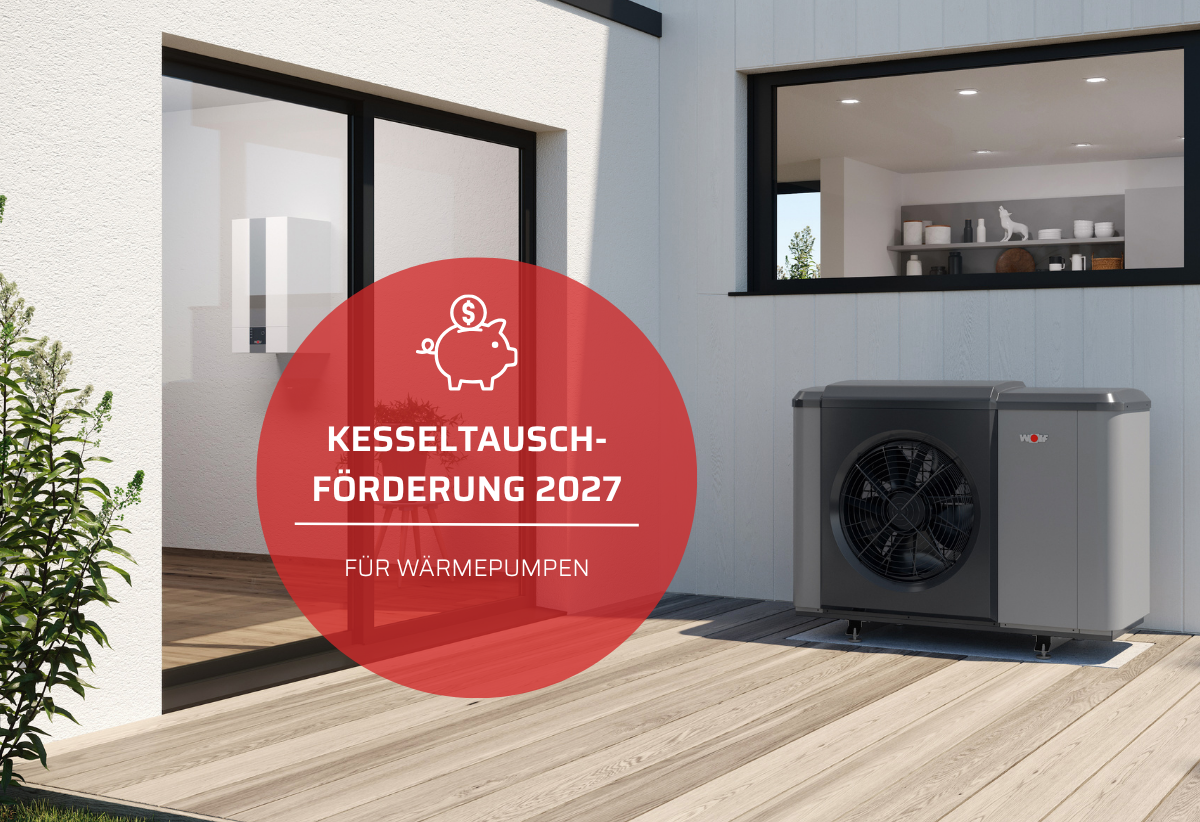 wärmepumpe vor Haus mit Hinweis zur Förderung 2027