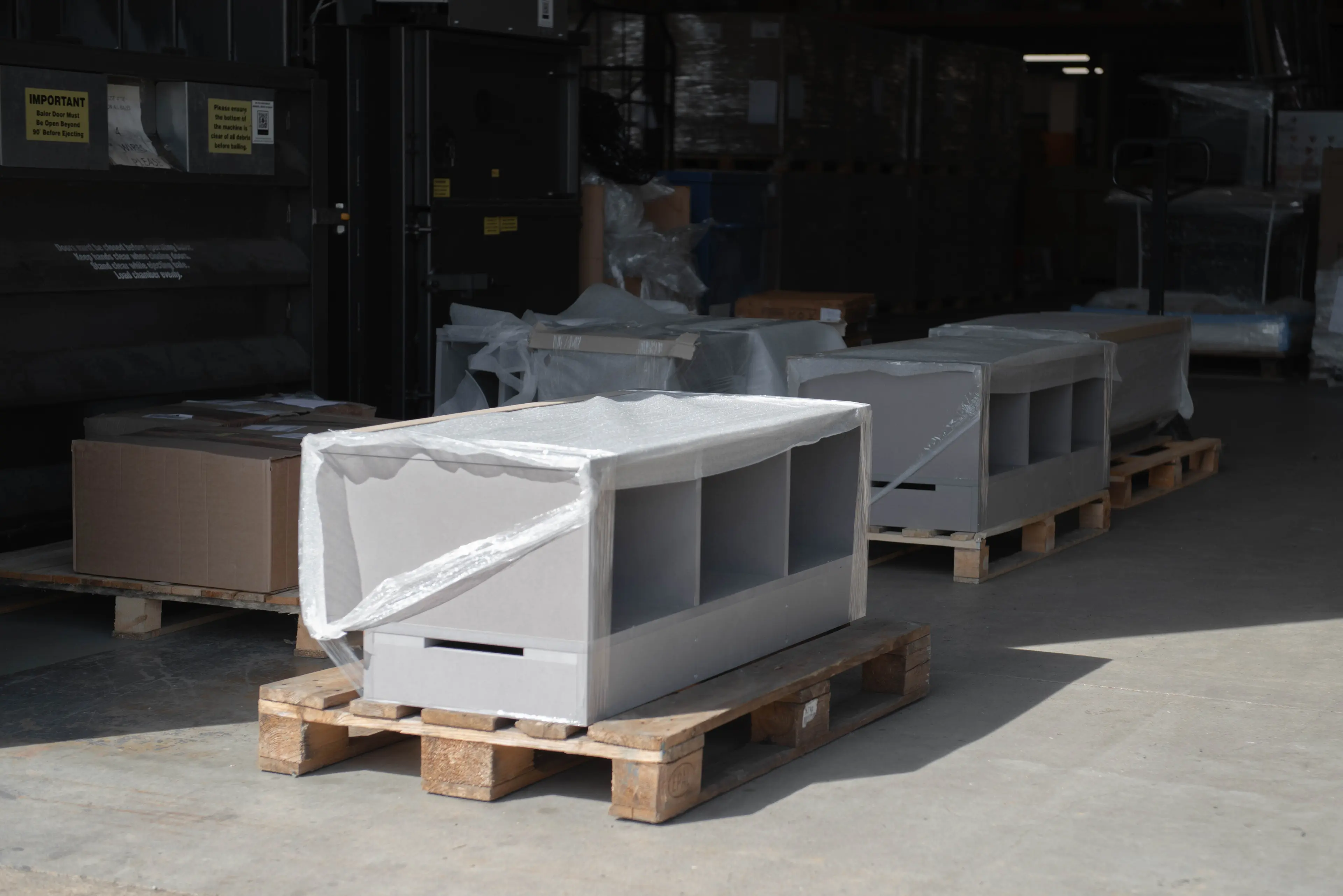 Completed bench seating prepared for delivery