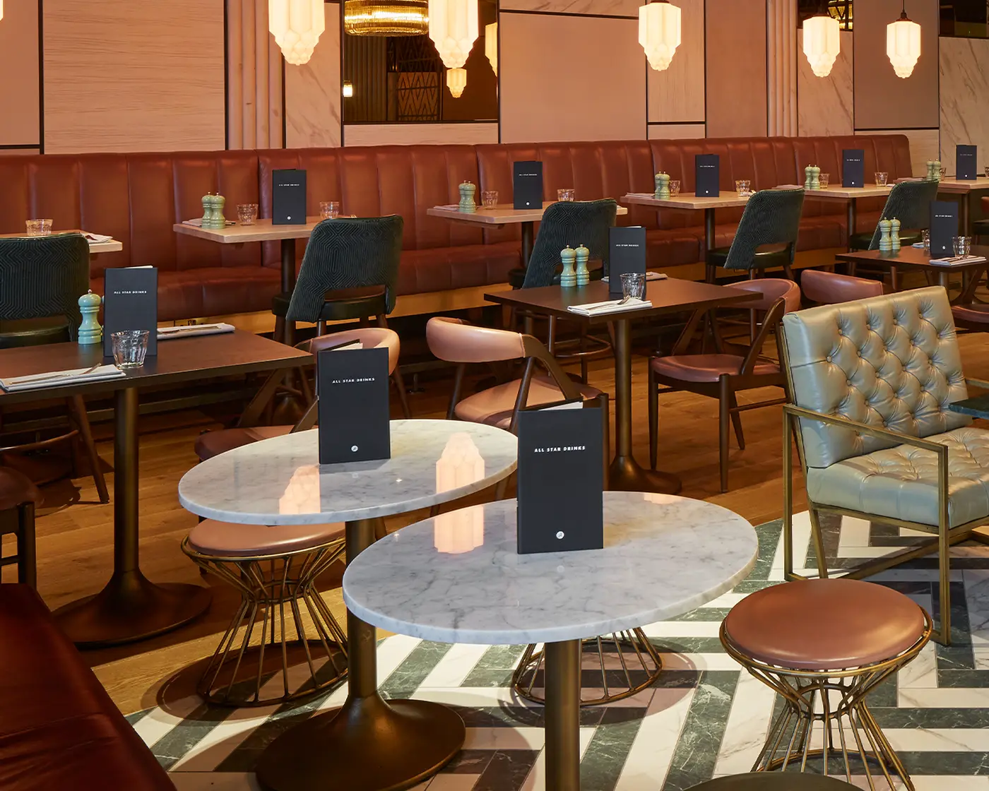 Roma Marble Table Tops installed in a hospitality interior