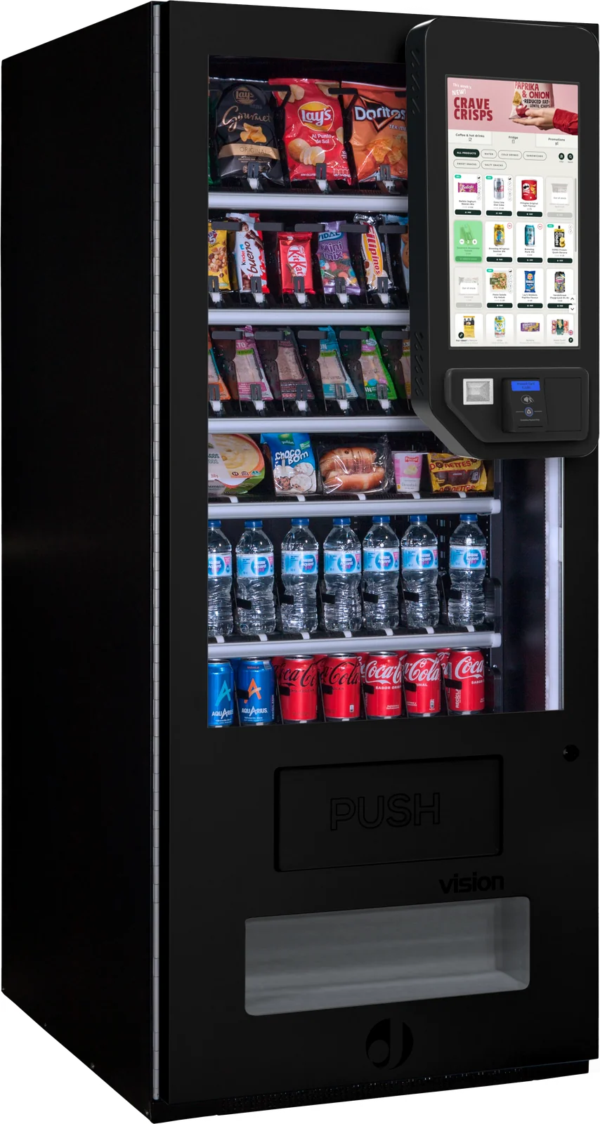 Automaat met Boost Inc. screenkit: touchscreen naast een gevuld glasfront