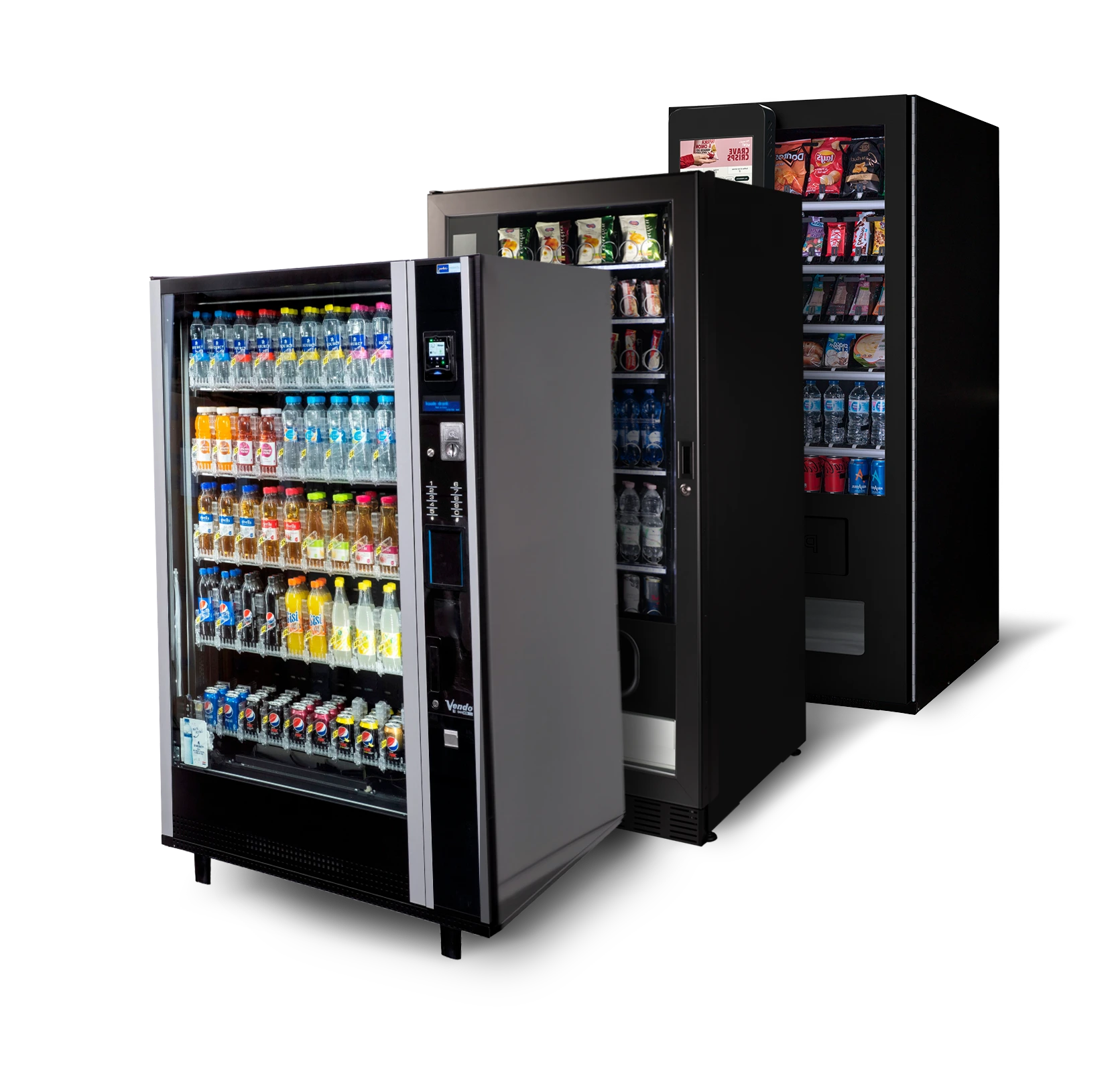 Drie Jaski frisdrank- en snackautomaten op een rij