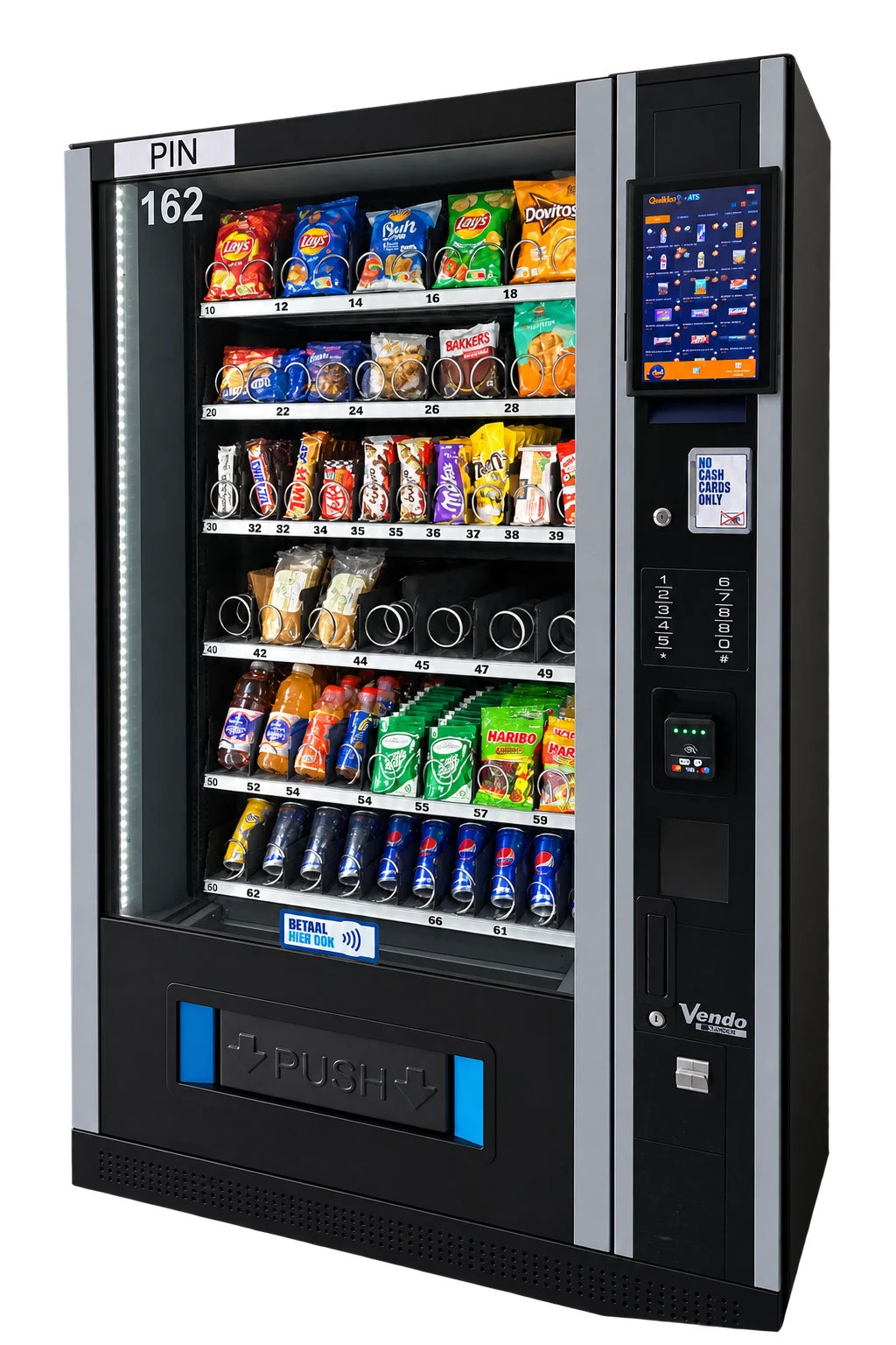 Vendo-snackautomaat met Qwikko-paneel: touchscreen en betaalterminal naast het glasfront