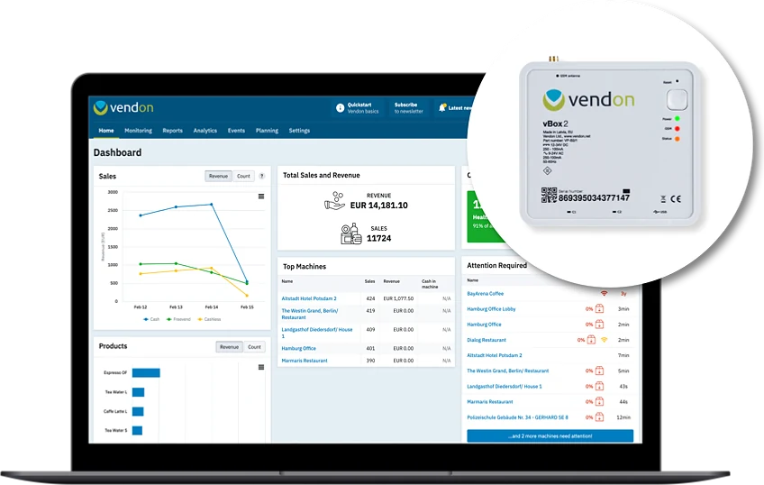 Vendon Cloud-dashboard op een laptop, met de vBox-module ernaast
