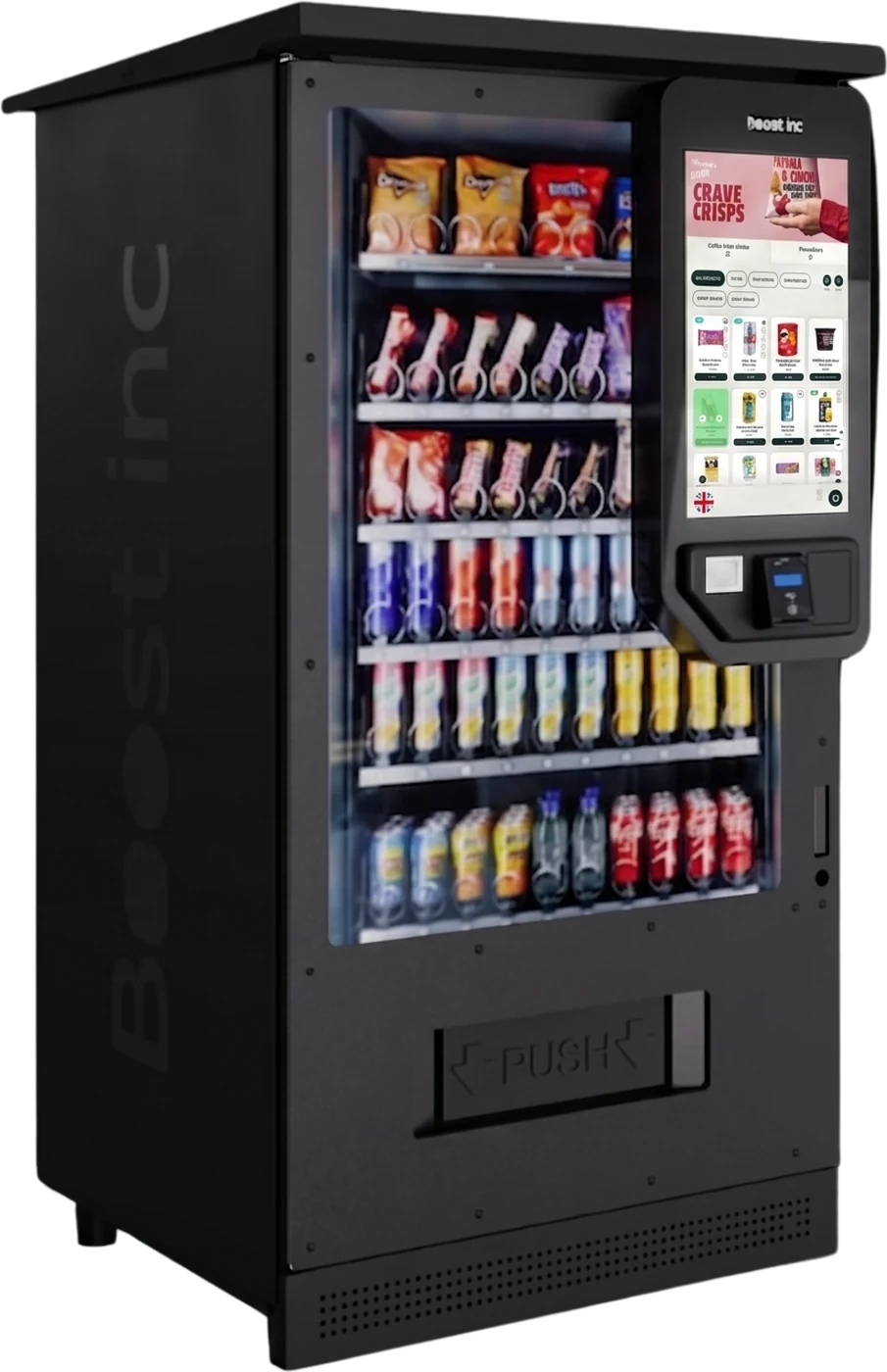 Boost Inc. partial screen vending: 24 inch touchscreen naast een glasfront