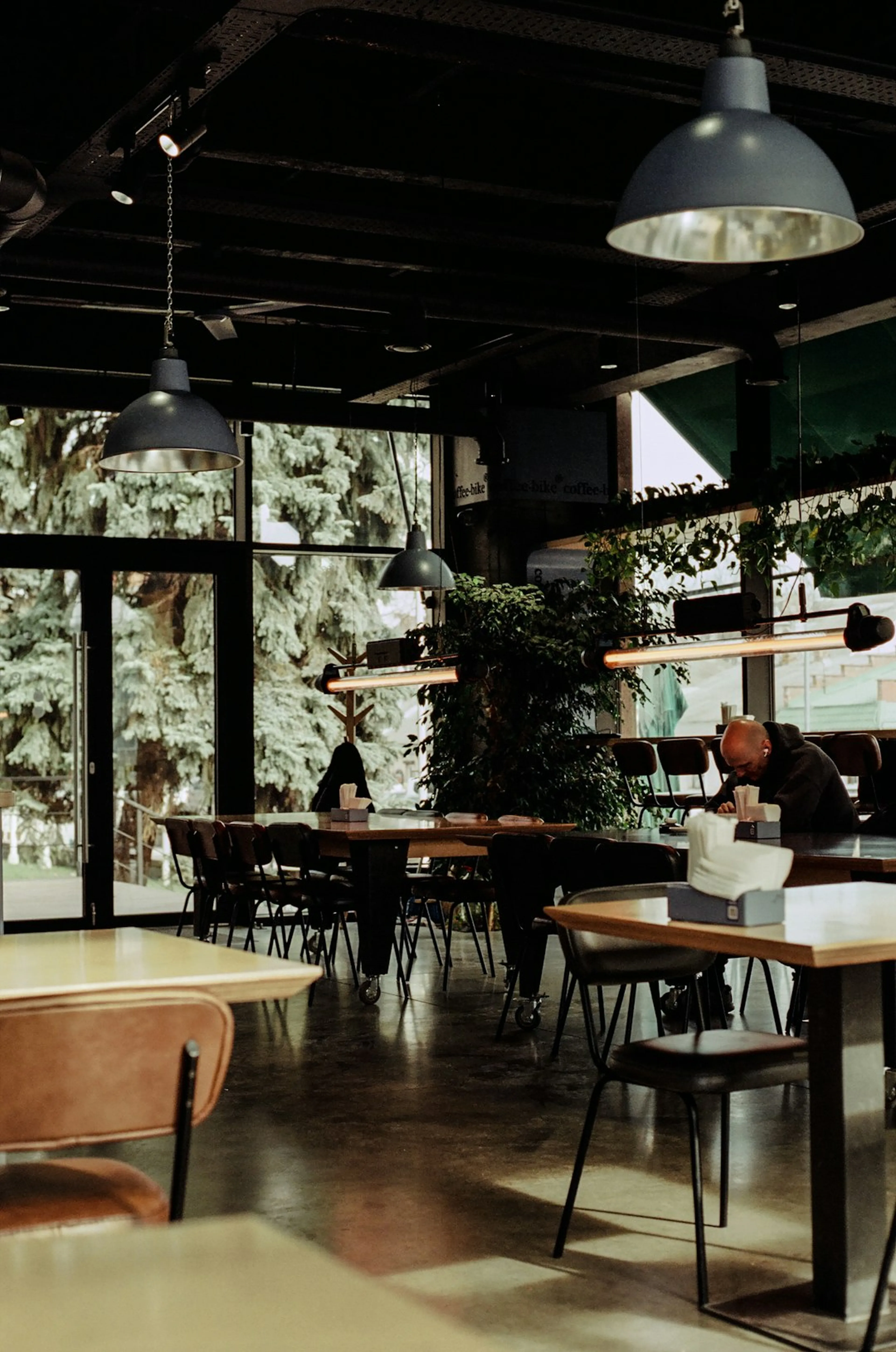 Warm restaurant interior in the evening