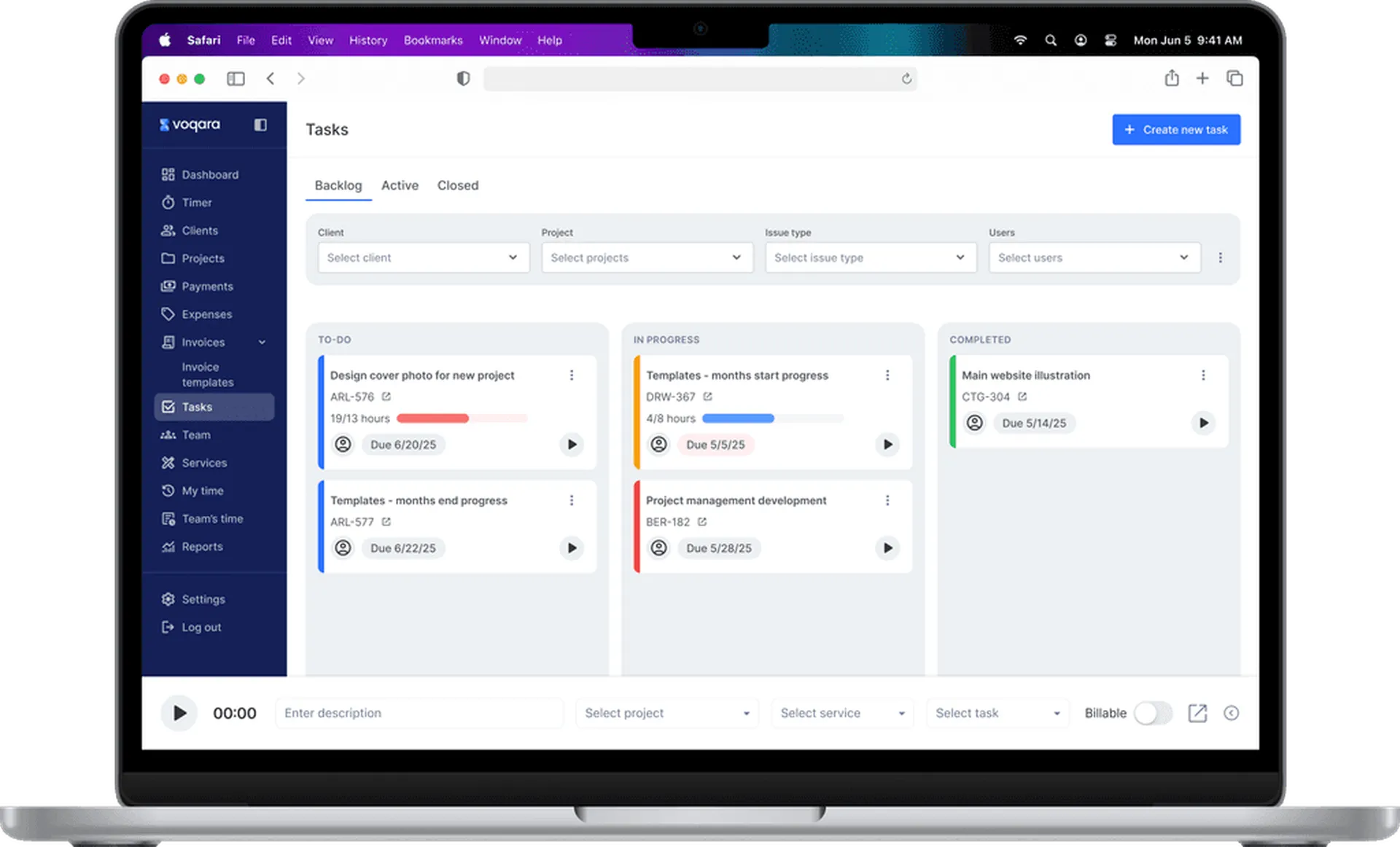 Voqara project management interface
