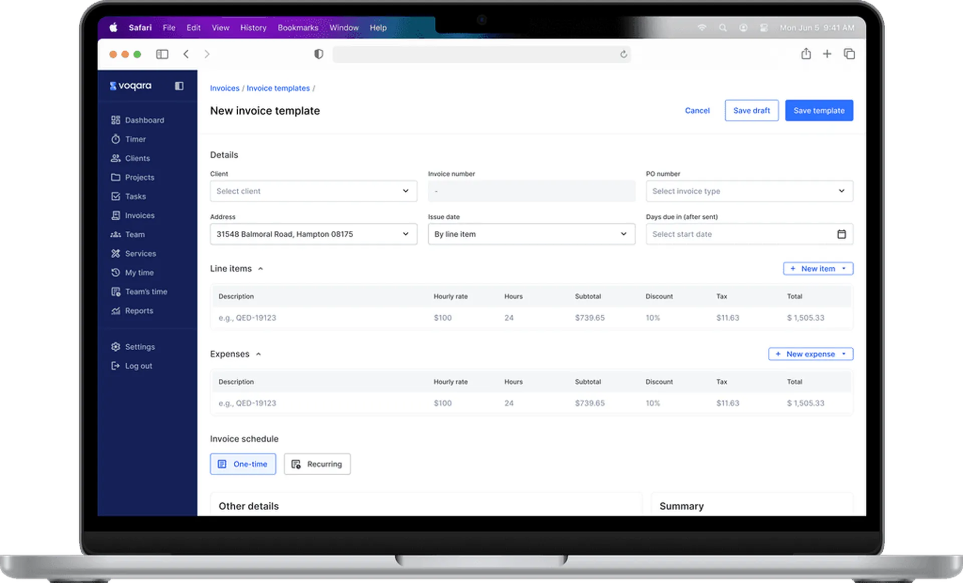 Voqara invoicing interface