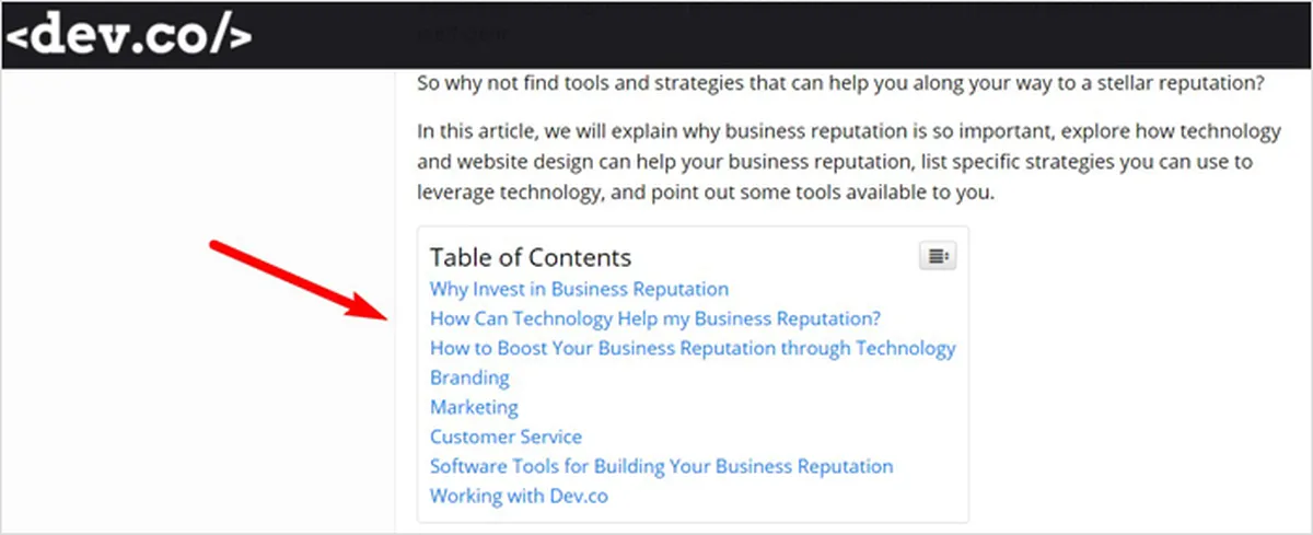 A table of contents for long blog posts