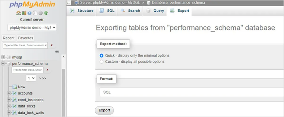 Backing up your database using PHPMyAdmin