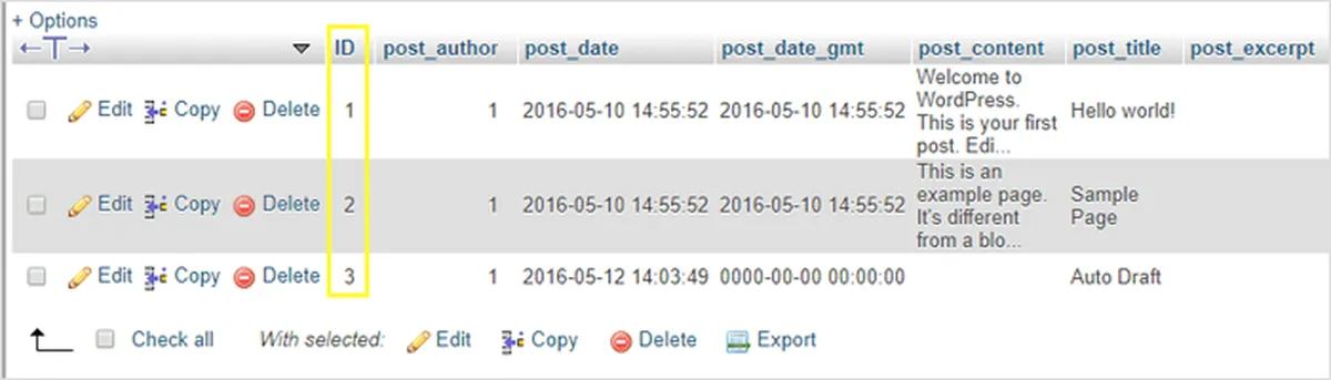 Editing or deleting WordPress blog posts using PHPMyAdmin