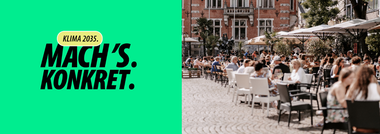 Slogan „Klima 2035. Mach's. Konkret“ und Foto von Menschen auf dem Marktplatz.