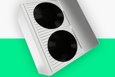 3D-Rendering einer Wärmepumpe über einer knallgrünen Fläche.