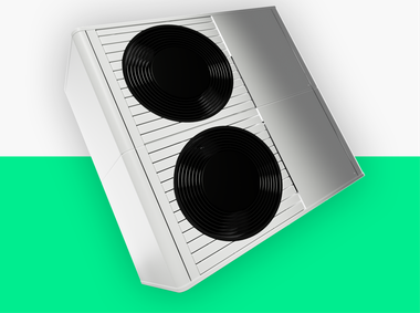3D-Rendering einer Wärmepumpe über einer knallgrünen Fläche.