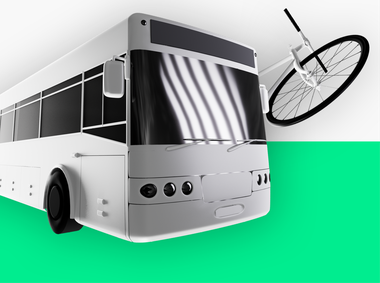 3D-Rendering eines weißen Busses und Fahrrad über einer knallgrünen Fläche.
