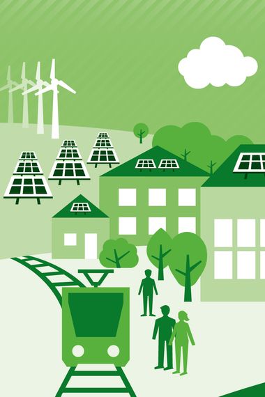 Dargestellt sind Windräder, eine Photovoltaikanlage, ein Zug, Fahrrad und mehrere kommunale Gebäude. Grafik: Susanne Kambor/Umweltbundesamt