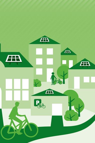 Dargestellt sind Windräder, eine Photovoltaikanlage, ein Zug, Fahrrad und mehrere kommunale Gebäude. Grafik: Susanne Kambor/Umweltbundesamt