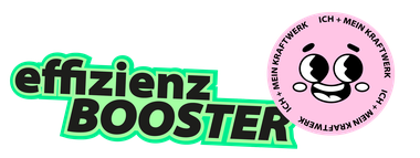 Zwei Sticker "effizienz Bosster" und ein Smiley mit umlaufendem Text "Ich und mein Kraftwerk"