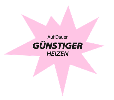 Rosa Stern mit Text "Auf Dauer günstiger heizen"