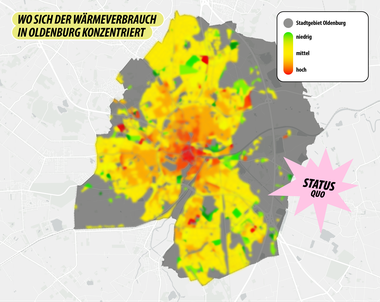 Karte die zeigt wo sich der Wärmeverbrauch in Oldenburg konzentriert