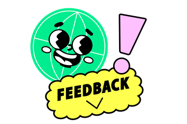 Lachender Smiley mit Wort „ Feedback“ und Ausrufezeichen
