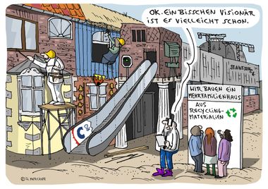 Ein Cartoon zeigt ein Haus, das komplett aus recycelten Materialien zusammengebaut wird. Foto: Hannes Mercker