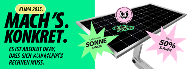 Solarpanel mit Badge drüber "Oldenburger Sonne tanken" und "Bis zu 50% sparen", daneben ein Banner: Klima 2035. Mach's. Konkret. Slogan: Es ist einfach wichtig, dass sich Klimaschutz lohnt!