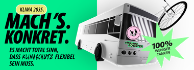 Bus und Fahrrad mit Badge drüber "100% weniger tanken", daneben ein Banner: Klima 2035. Mach's. Konkret. Slogan: Es ist einfach wichtig, dass sich Klimaschutz lohnt!