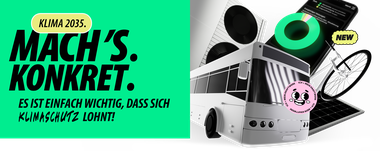 Bus, Wärmepumpe, Fahrrad, Smartphone mit Diagramm, daneben ein Banner: Klima 2035. Mach's. Konkret. Slogan: Es ist einfach wichtig, dass sich Klimaschutz lohnt!