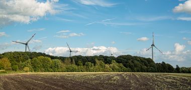Im Vordergrund ein unbestellter Acker und im Hintergrund vier Windräder. Foto: Mittwollen und Gradetchliev