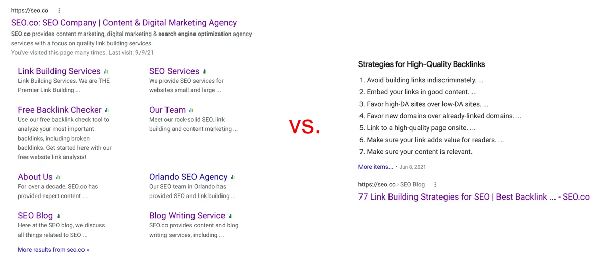 Homepage sitelinks vs featured snippets