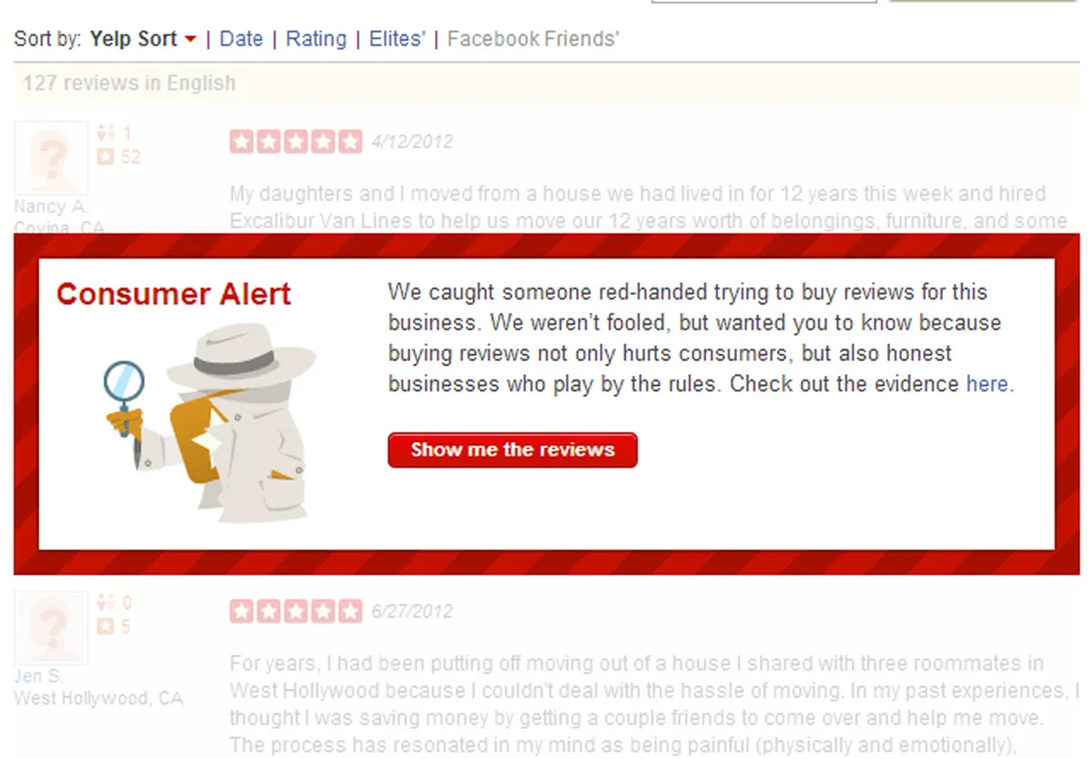 Example of Yelp's new warning about buying reviews