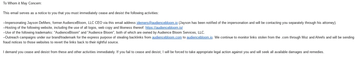 Cease and desist for stealing backlinks