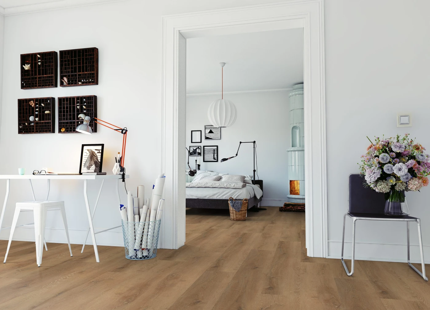 Vinylboden Oneflor  österreich Prestige Oak Honey in warmer Eichenoptik, Wohnzimmer mit Durchgang zum Schlafzimmer