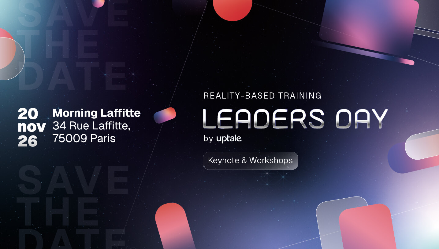Futuristic-themed invitation for Leaders Day by Uptale on November 26 at Morning Laffitte, Paris. Includes keynote and workshops.