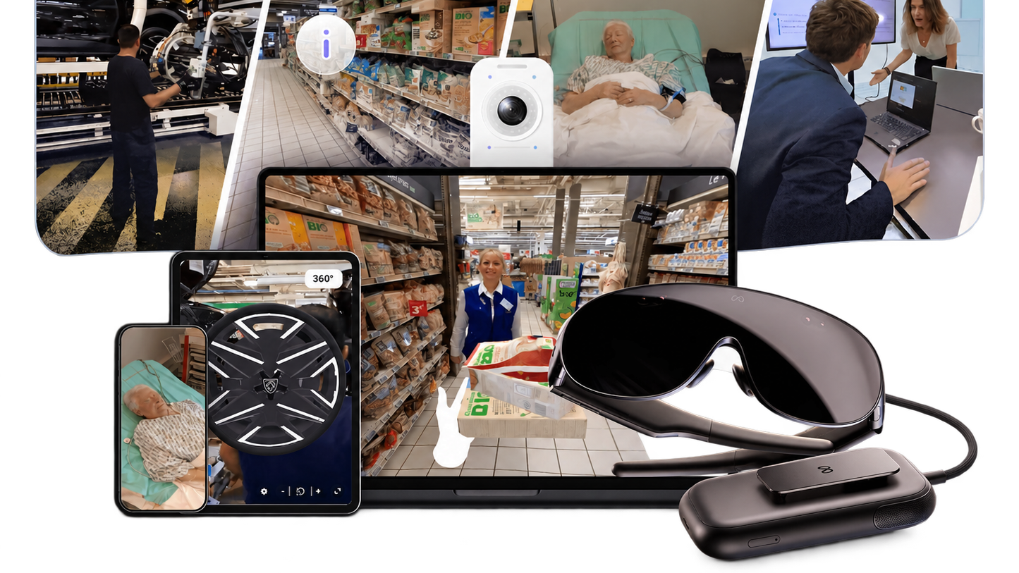 Uptale immersive training montage showing manufacturing, retail, healthcare and workplace conversations, with a laptop, tablet, smartphone, 360° camera and Meta VR glasses.