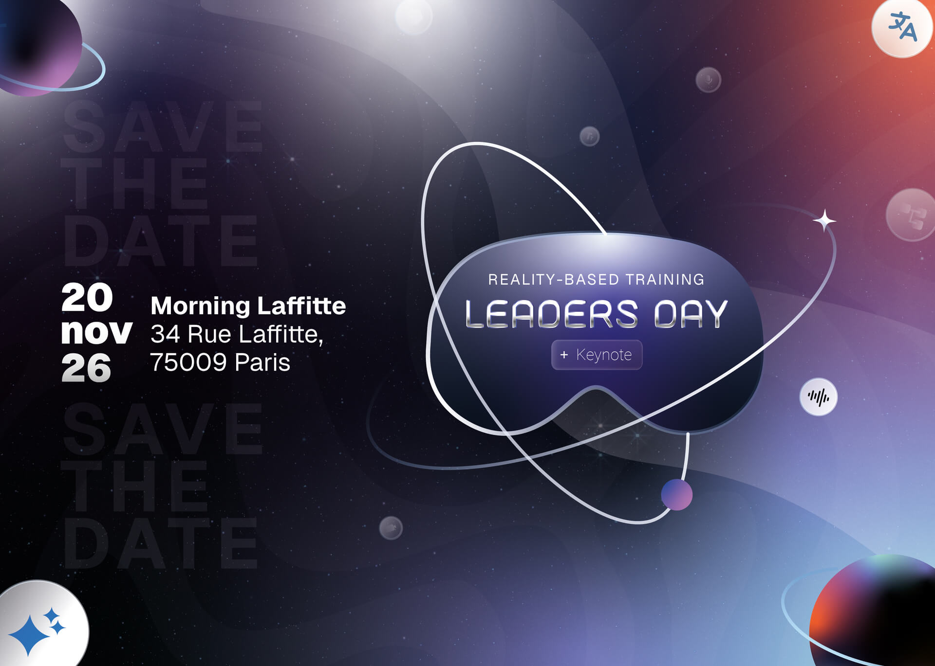 Futuristic-themed invitation for "Leaders Day" on November 26 at Morning Laffitte, Paris. Features a space-like background with event details.