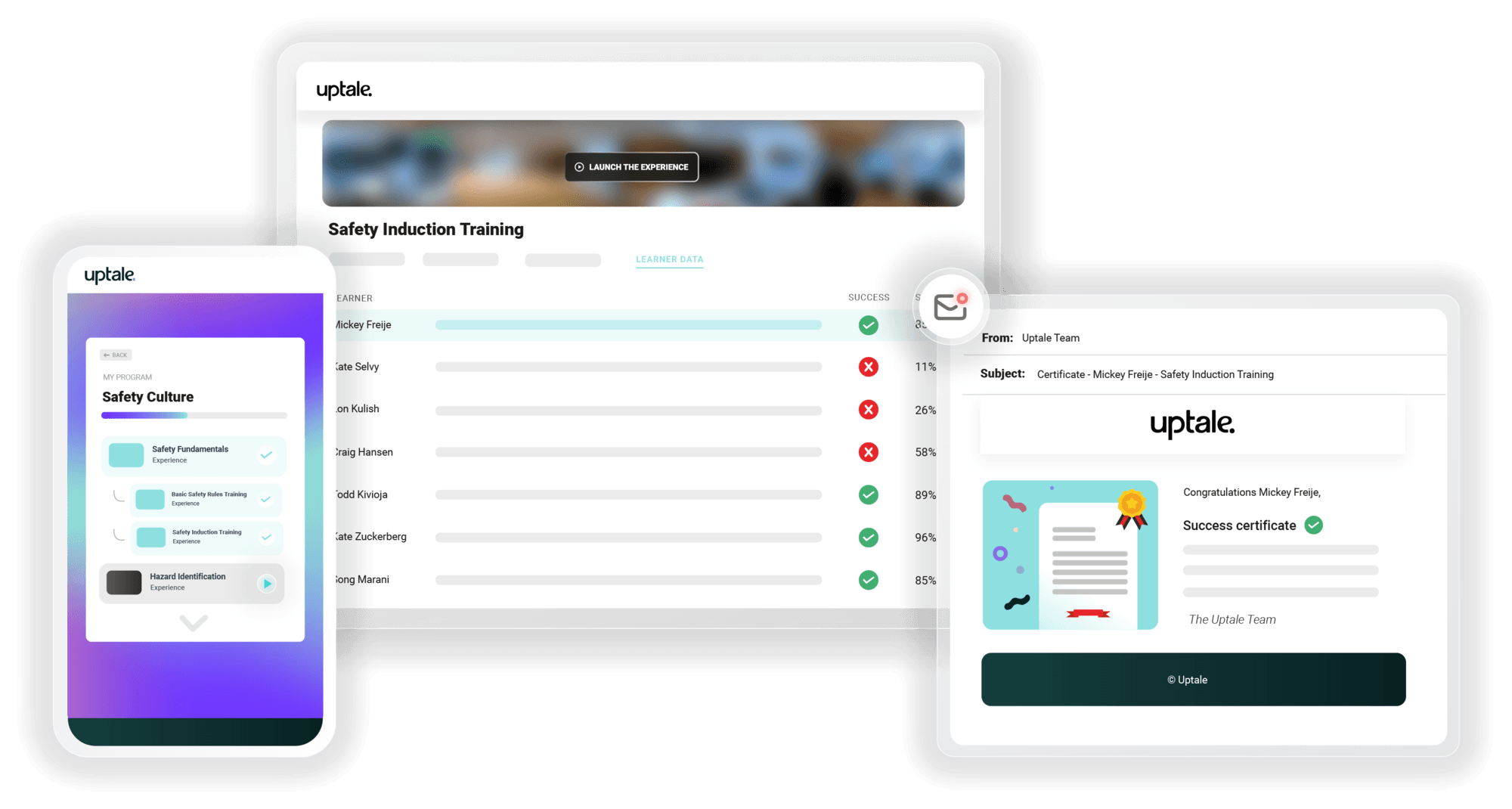 Digital safety training interface showcasing course progress and certificate completion on Uptale platform.