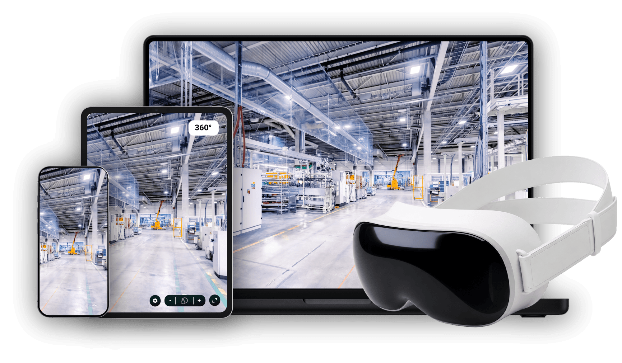 Tablet, smartphone, and VR headset displaying a 360-degree view of a modern industrial warehouse with machinery and metal structures.