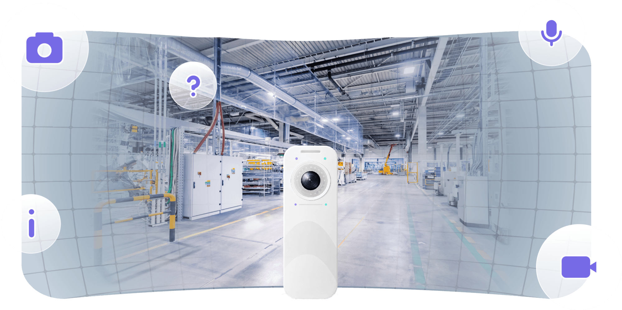 Smart camera in a modern industrial warehouse, surrounded by icons for camera, info, question, microphone, and video recording.
